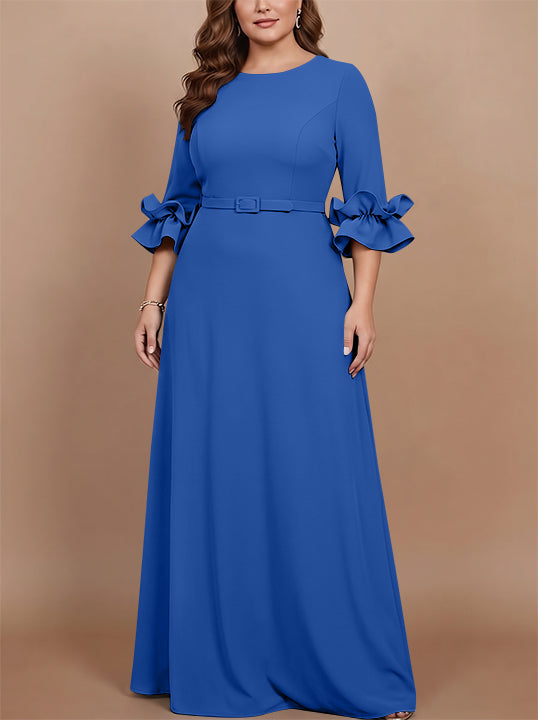 Robe mère de la mariée taille plus ligne A, satin stretch col rond, manches 3/4, longueur sol, volants
