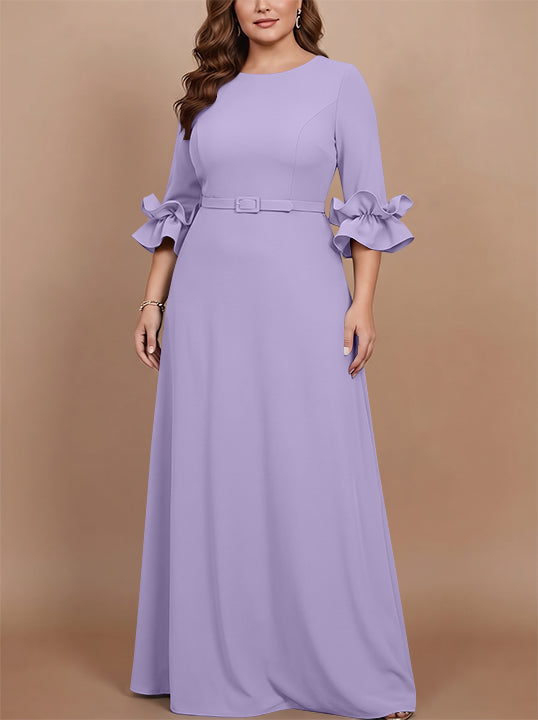 Robe mère de la mariée taille plus ligne A, satin stretch col rond, manches 3/4, longueur sol, volants