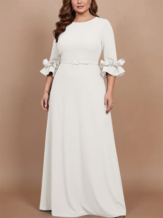 Robe mère de la mariée taille plus ligne A, satin stretch col rond, manches 3/4, longueur sol, volants