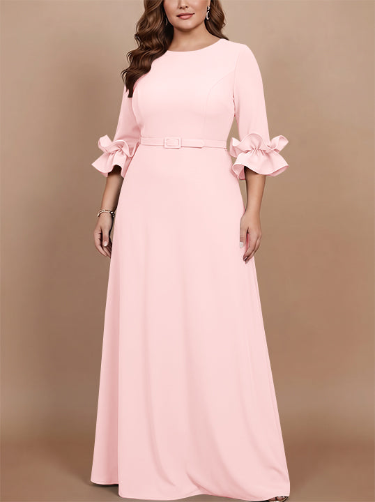 Robe mère de la mariée taille plus ligne A, satin stretch col rond, manches 3/4, longueur sol, volants