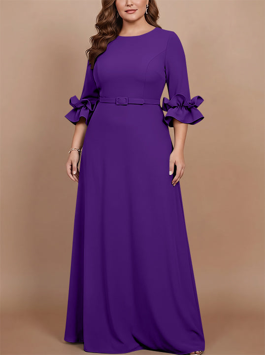 Robe mère de la mariée taille plus ligne A, satin stretch col rond, manches 3/4, longueur sol, volants