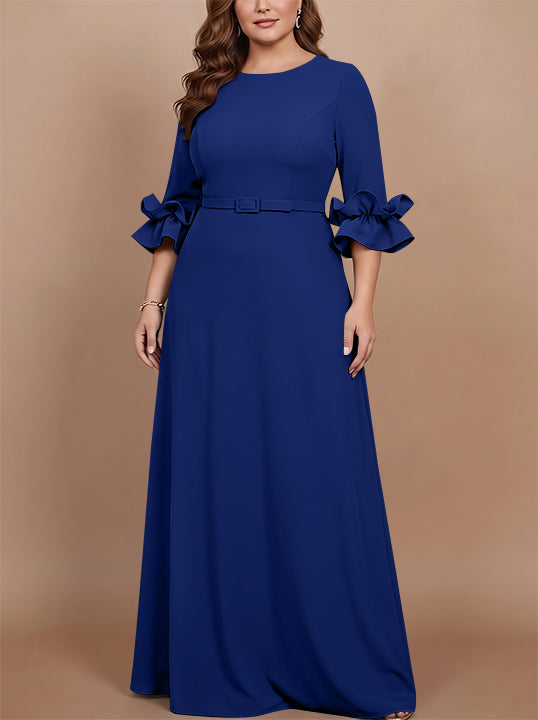 Robe mère de la mariée taille plus ligne A, satin stretch col rond, manches 3/4, longueur sol, volants