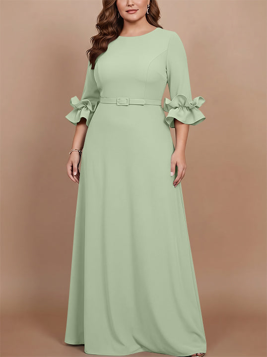 Robe mère de la mariée taille plus ligne A, satin stretch col rond, manches 3/4, longueur sol, volants