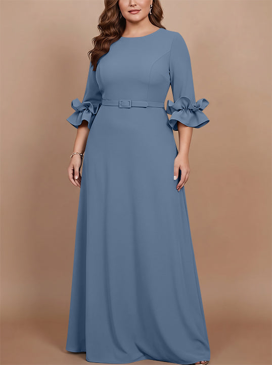 Robe mère de la mariée taille plus ligne A, satin stretch col rond, manches 3/4, longueur sol, volants