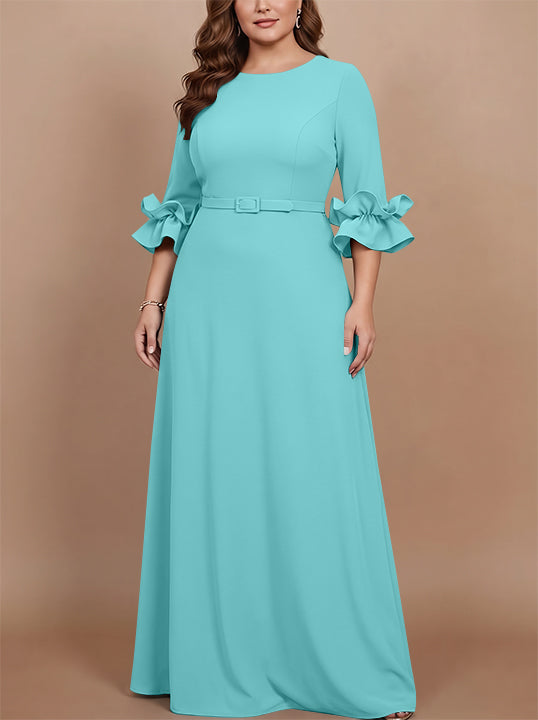 Robe mère de la mariée taille plus ligne A, satin stretch col rond, manches 3/4, longueur sol, volants