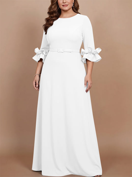 Robe mère de la mariée taille plus ligne A, satin stretch col rond, manches 3/4, longueur sol, volants