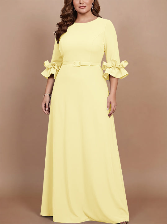 Robe mère de la mariée taille plus ligne A, satin stretch col rond, manches 3/4, longueur sol, volants