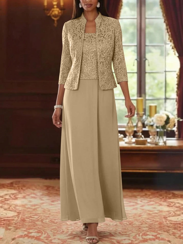 Ensemble 2 pièces mère de la mariée ligne A, mousseline col carré, veste dentelle, manches 3/4, longueur cheville