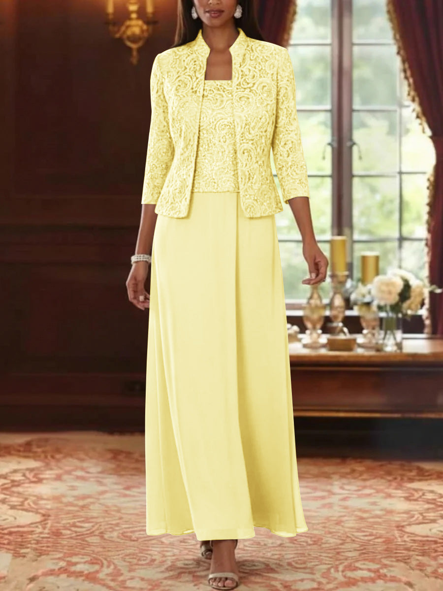 Ensemble 2 pièces mère de la mariée ligne A, mousseline col carré, veste dentelle, manches 3/4, longueur cheville