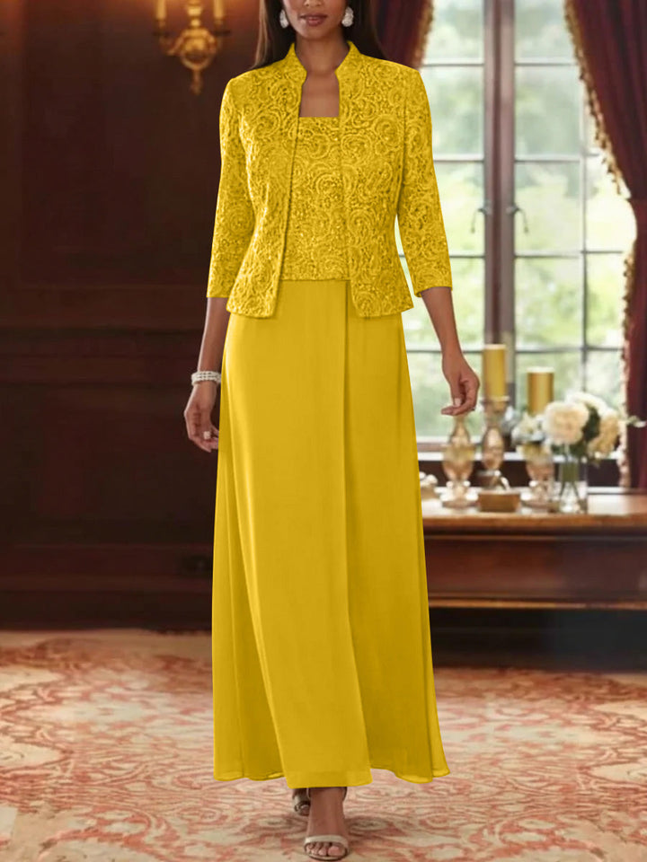 Ensemble 2 pièces mère de la mariée ligne A, mousseline col carré, veste dentelle, manches 3/4, longueur cheville