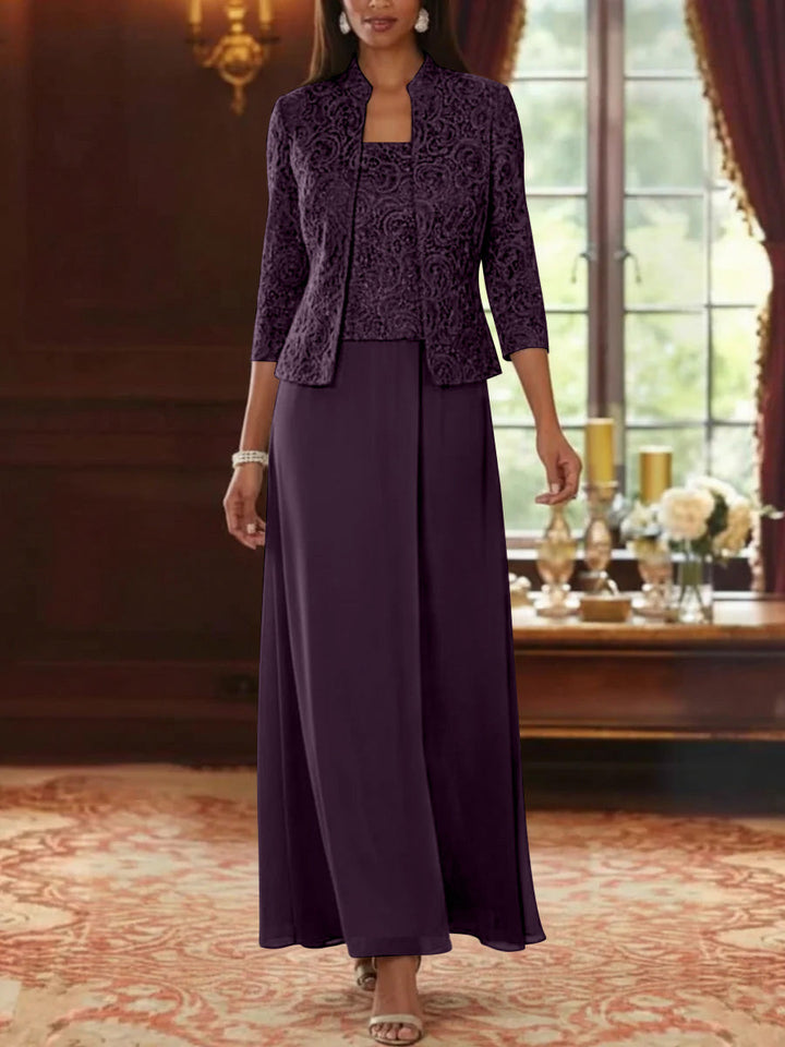 Ensemble 2 pièces mère de la mariée ligne A, mousseline col carré, veste dentelle, manches 3/4, longueur cheville