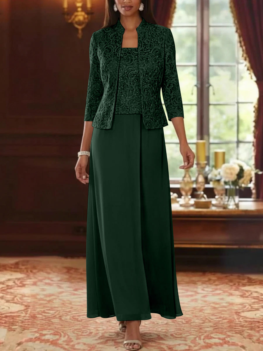Ensemble 2 pièces mère de la mariée ligne A, mousseline col carré, veste dentelle, manches 3/4, longueur cheville