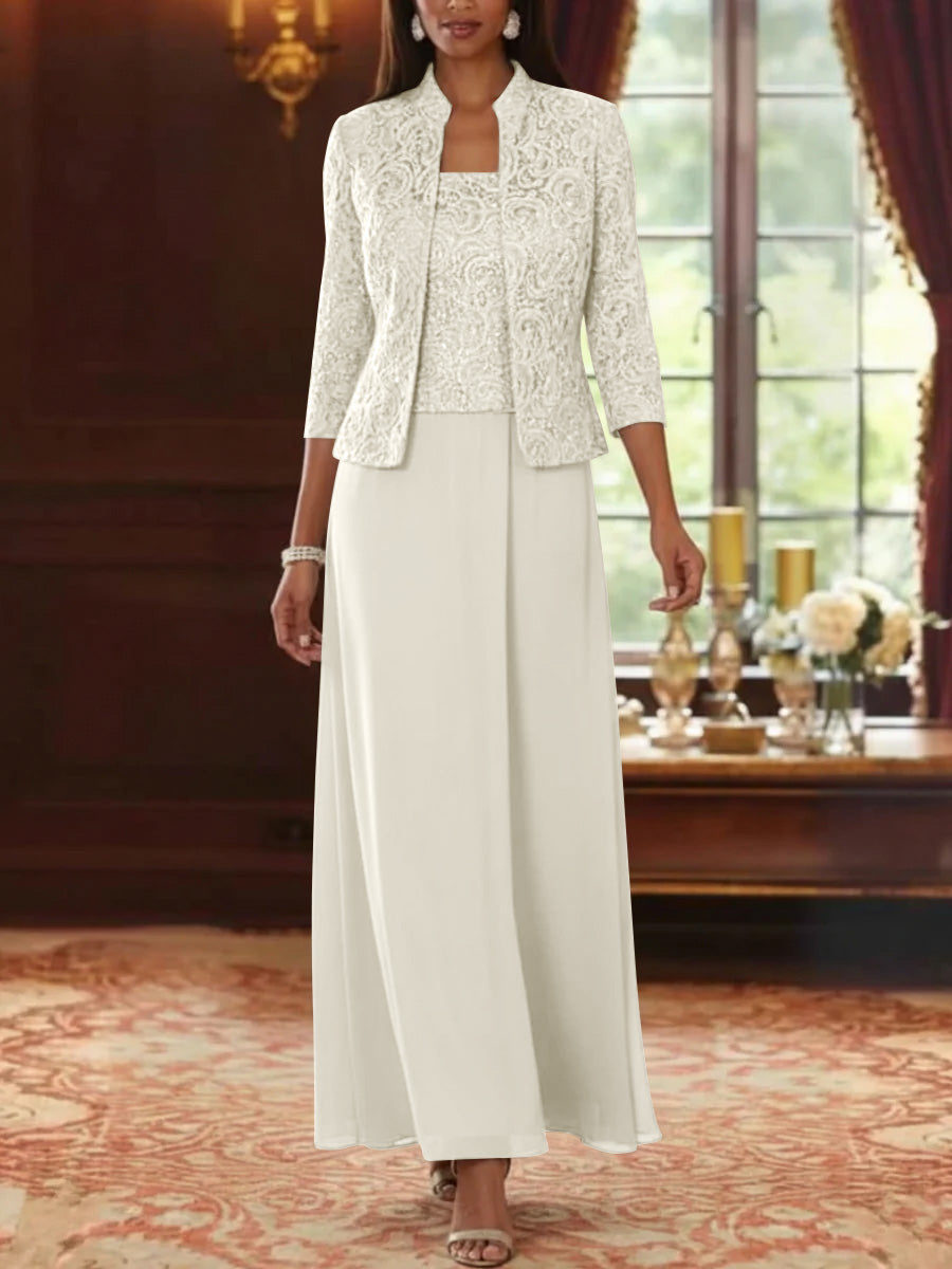 Ensemble 2 pièces mère de la mariée ligne A, mousseline col carré, veste dentelle, manches 3/4, longueur cheville