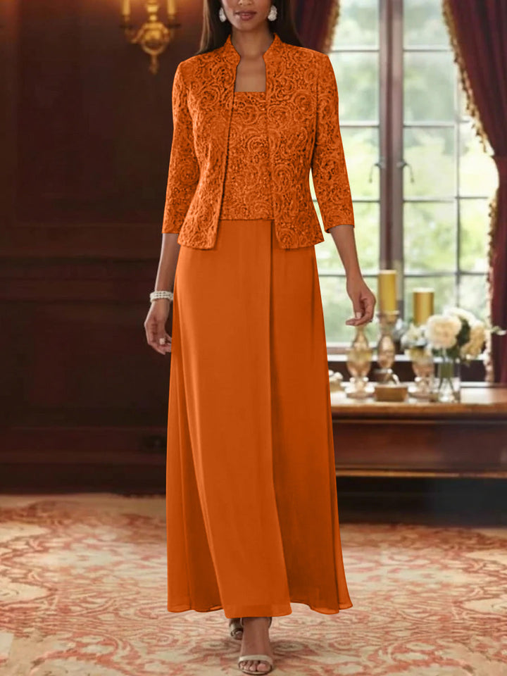 Ensemble 2 pièces mère de la mariée ligne A, mousseline col carré, veste dentelle, manches 3/4, longueur cheville