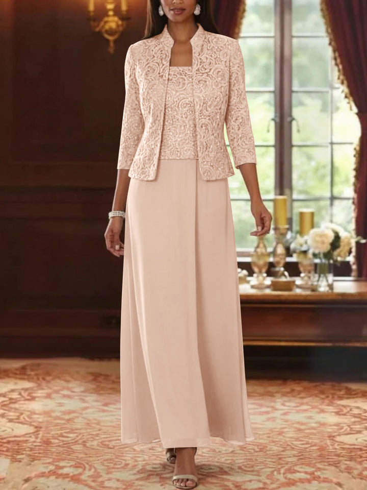 Ensemble 2 pièces mère de la mariée ligne A, mousseline col carré, veste dentelle, manches 3/4, longueur cheville
