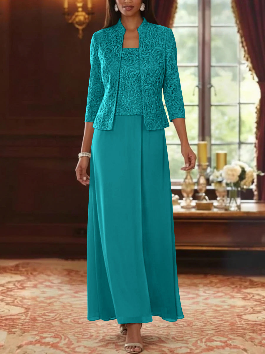 Ensemble 2 pièces mère de la mariée ligne A, mousseline col carré, veste dentelle, manches 3/4, longueur cheville