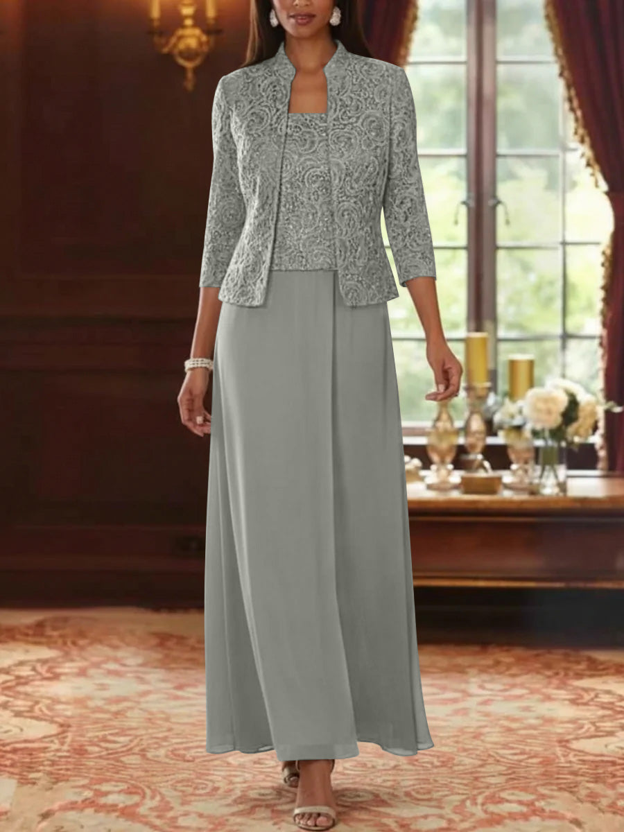 Ensemble 2 pièces mère de la mariée ligne A, mousseline col carré, veste dentelle, manches 3/4, longueur cheville