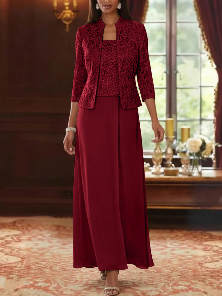 Ensemble 2 pièces mère de la mariée ligne A, mousseline col carré, veste dentelle, manches 3/4, longueur cheville