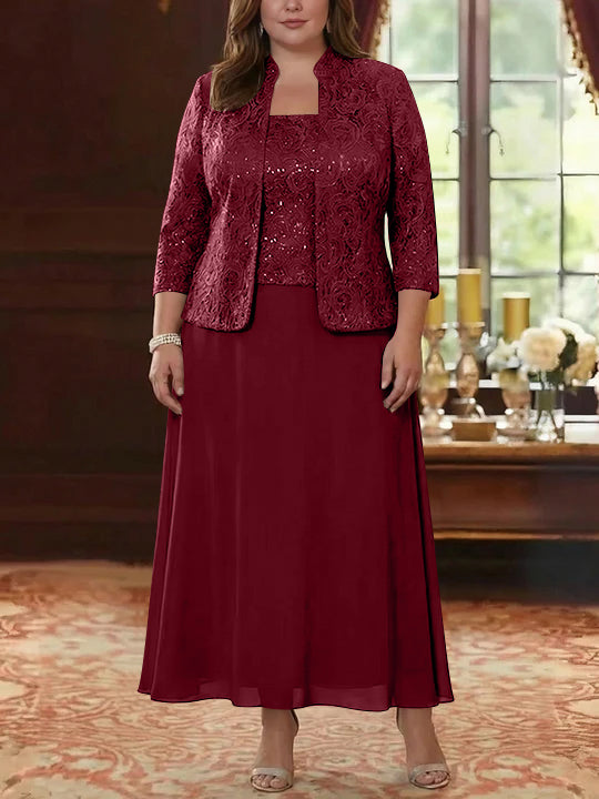Ensemble 2 pièces mère de la mariée taille plus ligne A, mousseline col carré, veste dentelle, manches 3/4, longueur cheville