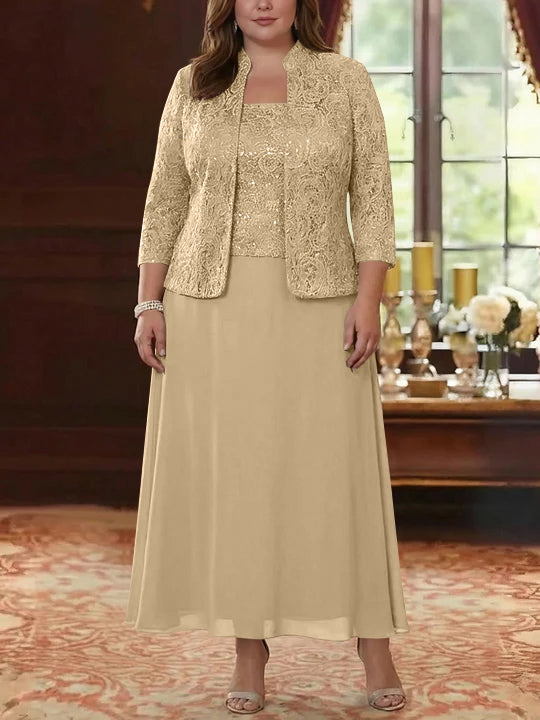 Ensemble 2 pièces mère de la mariée taille plus ligne A, mousseline col carré, veste dentelle, manches 3/4, longueur cheville