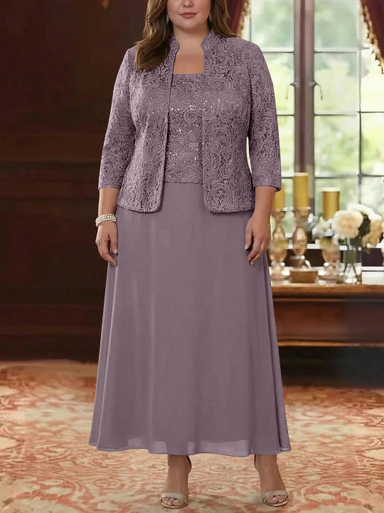 Ensemble 2 pièces mère de la mariée taille plus ligne A, mousseline col carré, veste dentelle, manches 3/4, longueur cheville