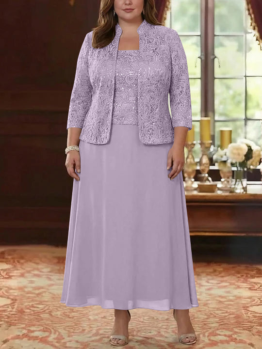 Ensemble 2 pièces mère de la mariée taille plus ligne A, mousseline col carré, veste dentelle, manches 3/4, longueur cheville