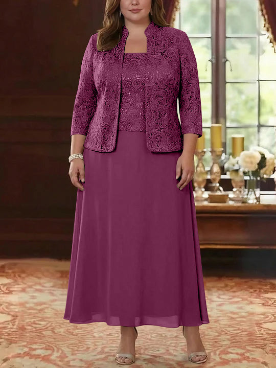 Ensemble 2 pièces mère de la mariée taille plus ligne A, mousseline col carré, veste dentelle, manches 3/4, longueur cheville