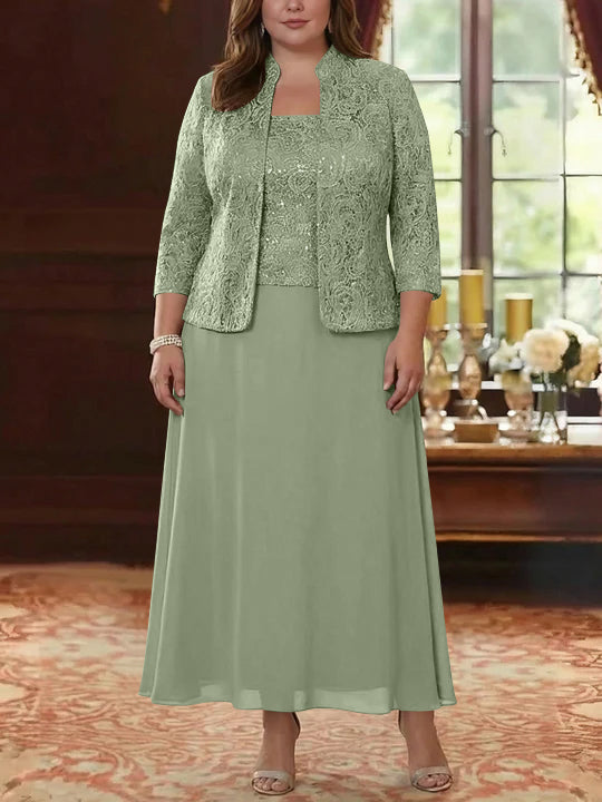 Ensemble 2 pièces mère de la mariée taille plus ligne A, mousseline col carré, veste dentelle, manches 3/4, longueur cheville