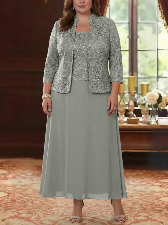 Ensemble 2 pièces mère de la mariée taille plus ligne A, mousseline col carré, veste dentelle, manches 3/4, longueur cheville