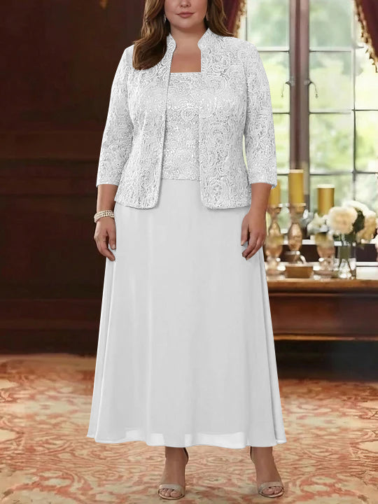 Ensemble 2 pièces mère de la mariée taille plus ligne A, mousseline col carré, veste dentelle, manches 3/4, longueur cheville