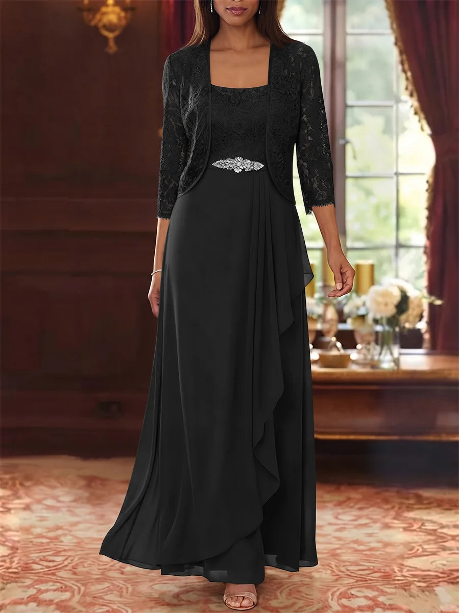 Ensemble 2 pièces mère de la mariée ligne A, mousseline col carré, veste dentelle, manches 3/4, longueur cheville