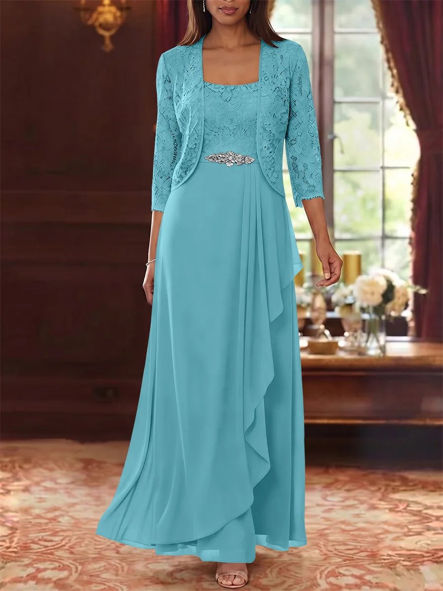 Ensemble 2 pièces mère de la mariée ligne A, mousseline col carré, veste dentelle, manches 3/4, longueur cheville