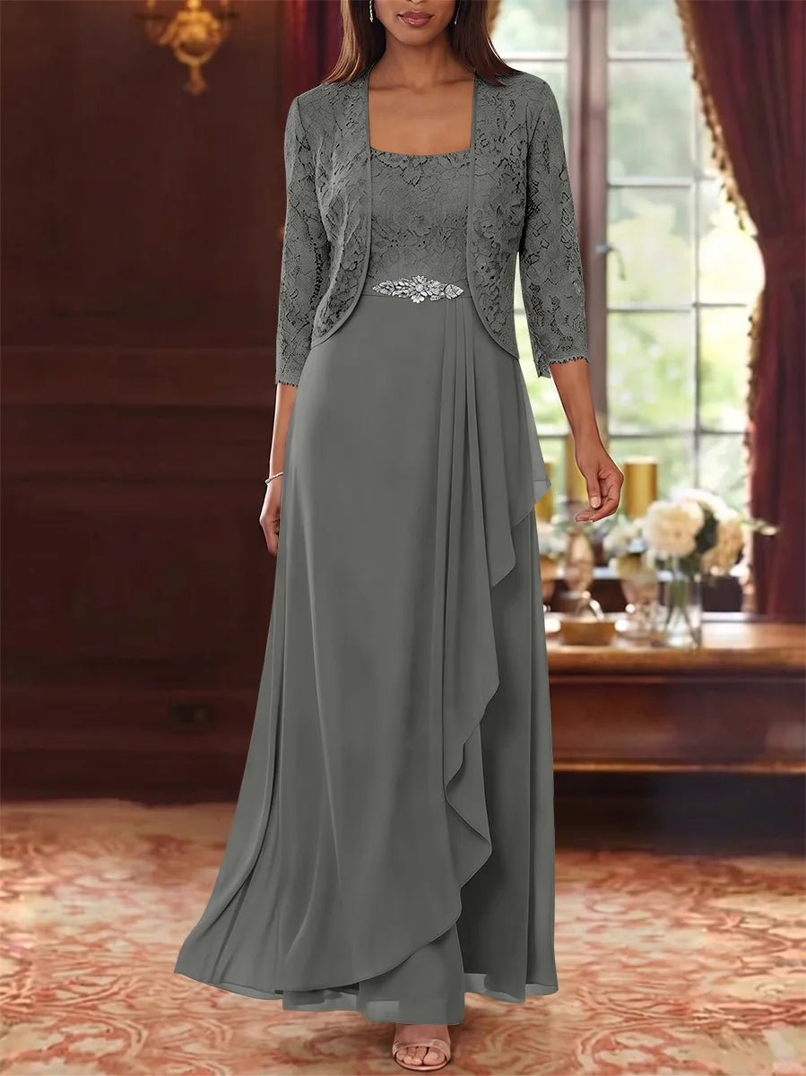 Ensemble 2 pièces mère de la mariée ligne A, mousseline col carré, veste dentelle, manches 3/4, longueur cheville