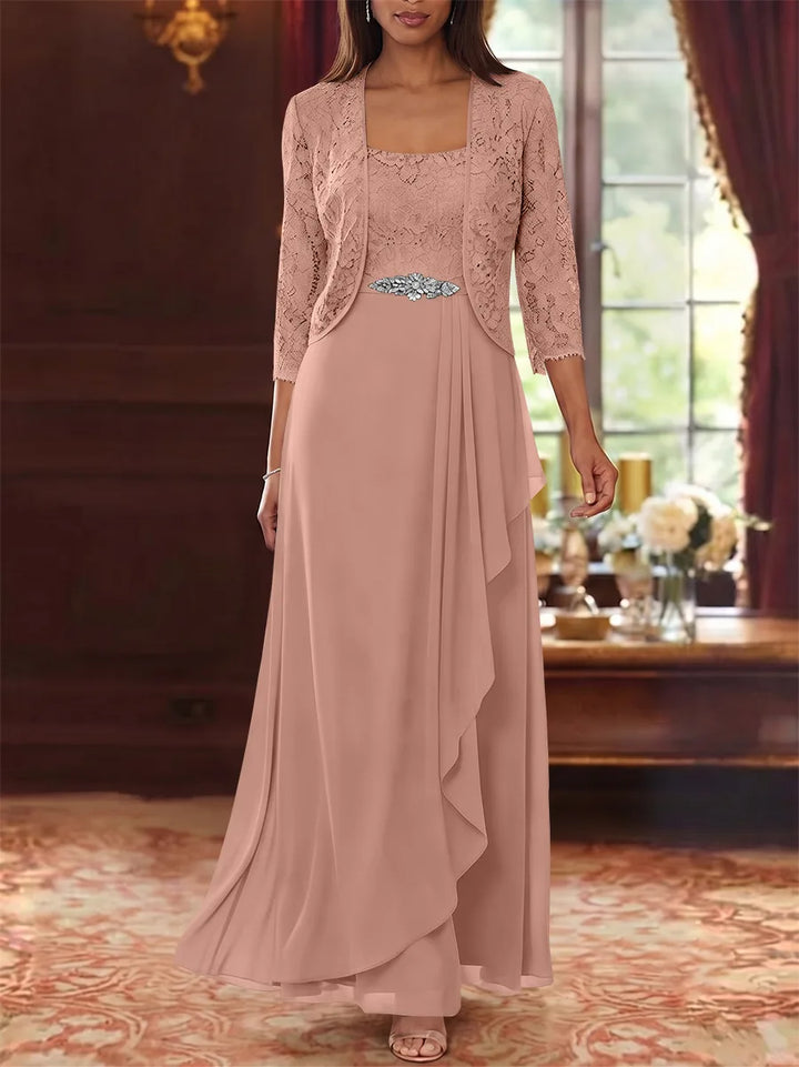 Ensemble 2 pièces mère de la mariée ligne A, mousseline col carré, veste dentelle, manches 3/4, longueur cheville