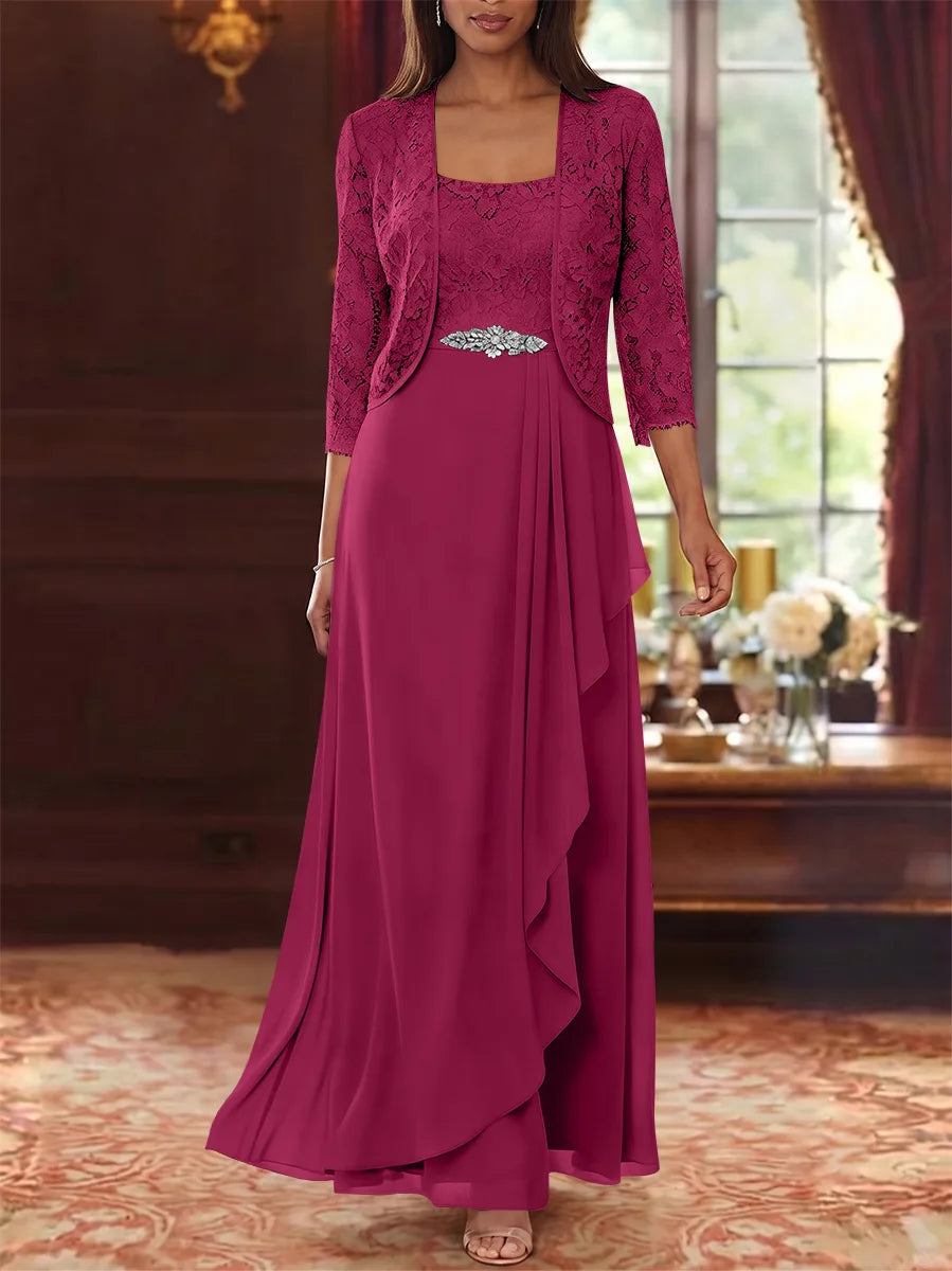 Ensemble 2 pièces mère de la mariée ligne A, mousseline col carré, veste dentelle, manches 3/4, longueur cheville