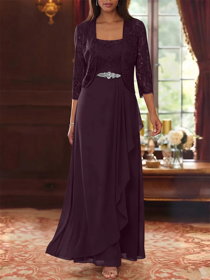 Ensemble 2 pièces mère de la mariée ligne A, mousseline col carré, veste dentelle, manches 3/4, longueur cheville