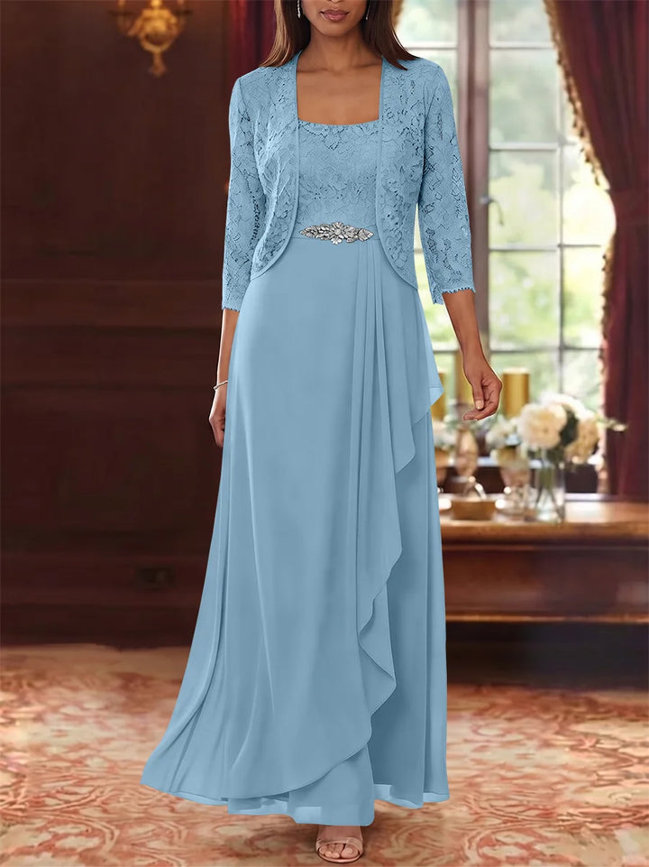 Ensemble 2 pièces mère de la mariée ligne A, mousseline col carré, veste dentelle, manches 3/4, longueur cheville