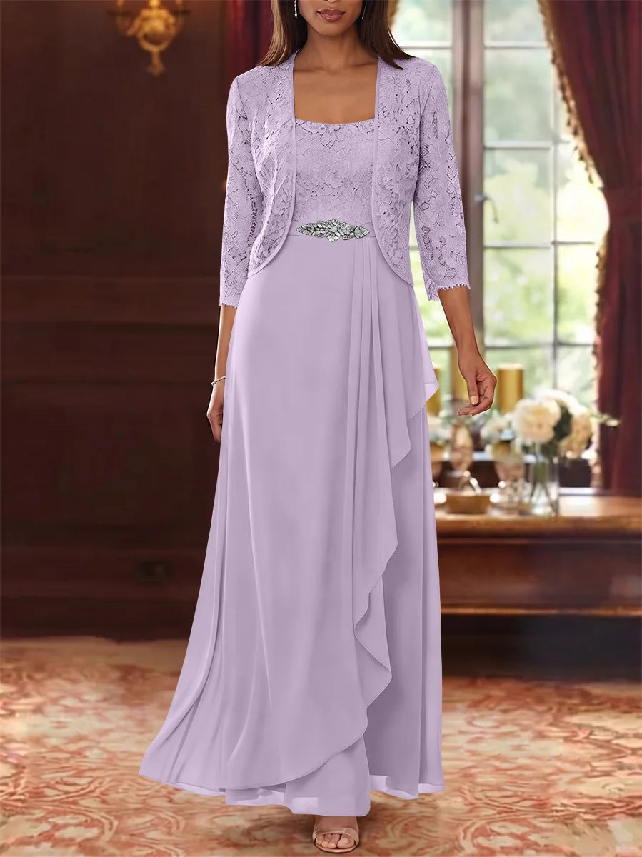 Ensemble 2 pièces mère de la mariée ligne A, mousseline col carré, veste dentelle, manches 3/4, longueur cheville