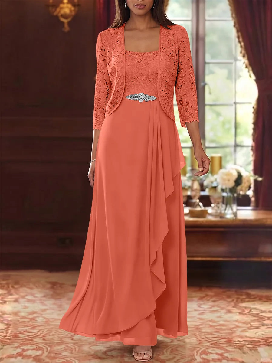 Ensemble 2 pièces mère de la mariée ligne A, mousseline col carré, veste dentelle, manches 3/4, longueur cheville