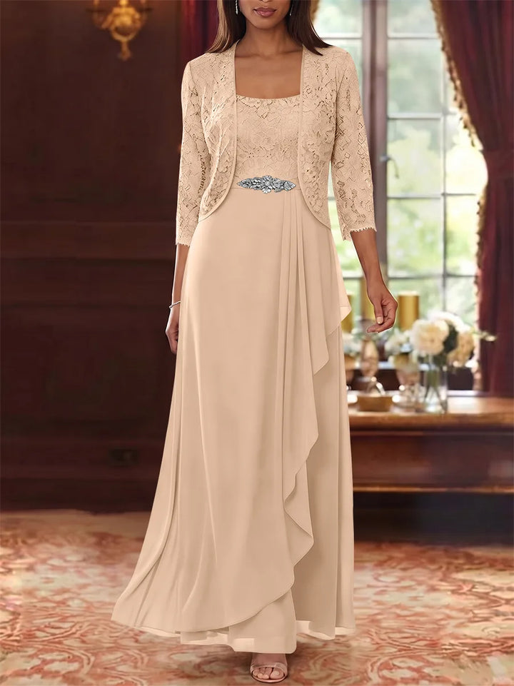 Ensemble 2 pièces mère de la mariée ligne A, mousseline col carré, veste dentelle, manches 3/4, longueur cheville