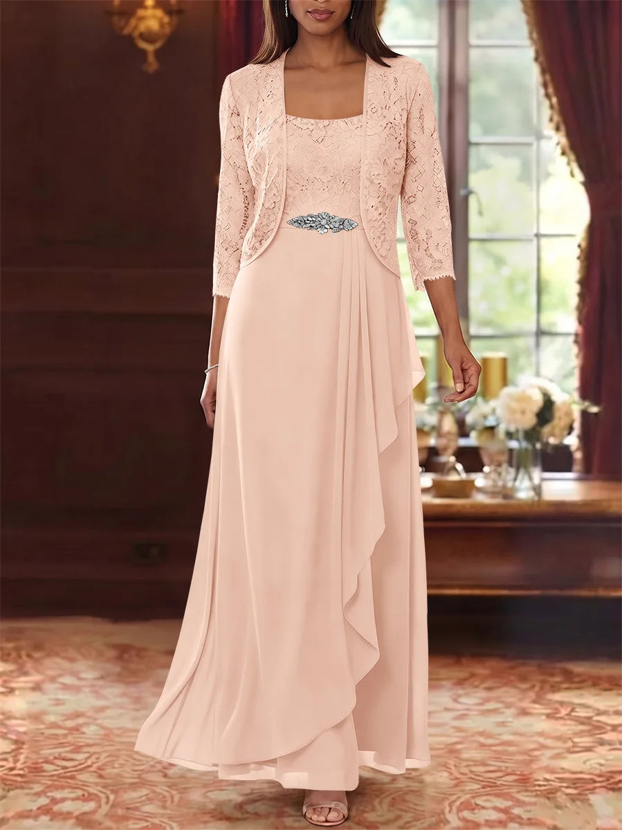 Ensemble 2 pièces mère de la mariée ligne A, mousseline col carré, veste dentelle, manches 3/4, longueur cheville