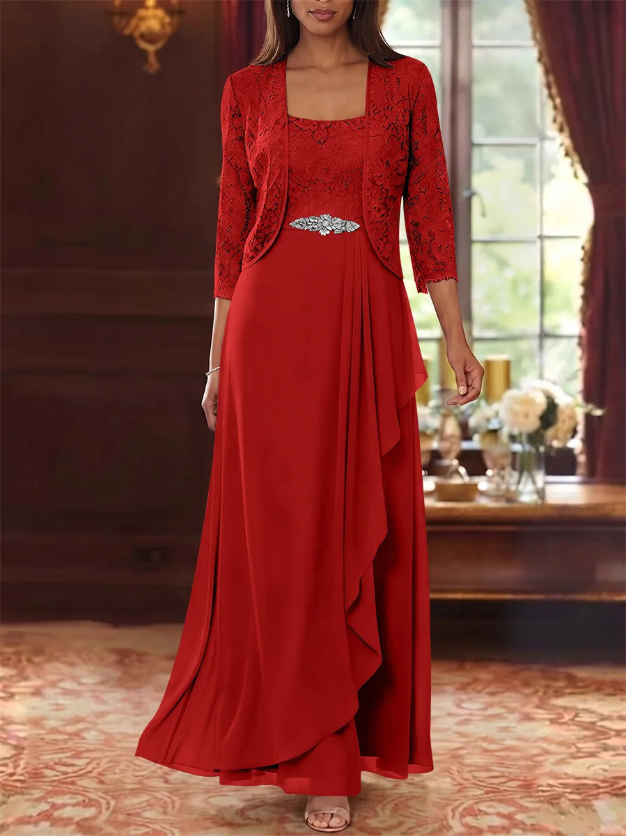 Ensemble 2 pièces mère de la mariée ligne A, mousseline col carré, veste dentelle, manches 3/4, longueur cheville