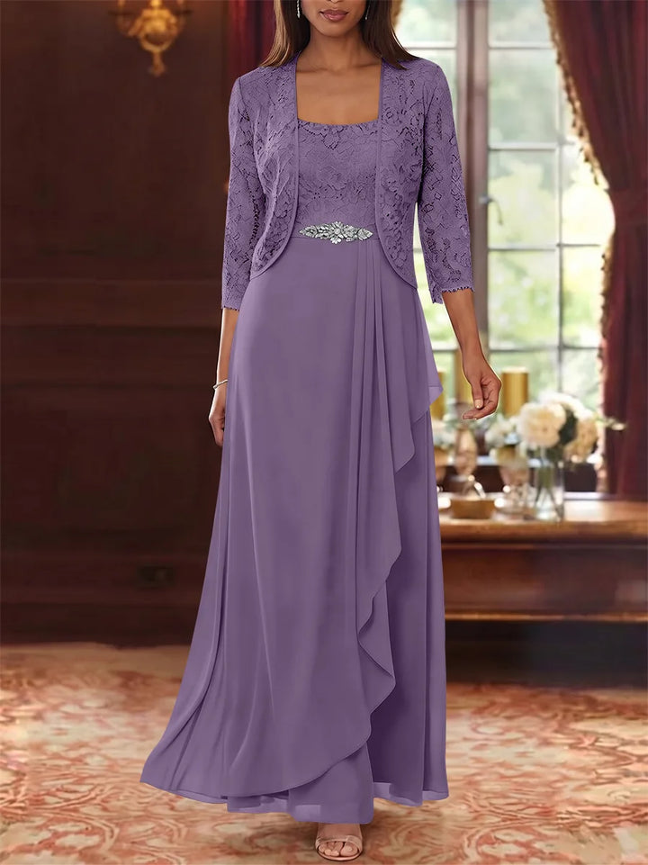 Ensemble 2 pièces mère de la mariée ligne A, mousseline col carré, veste dentelle, manches 3/4, longueur cheville