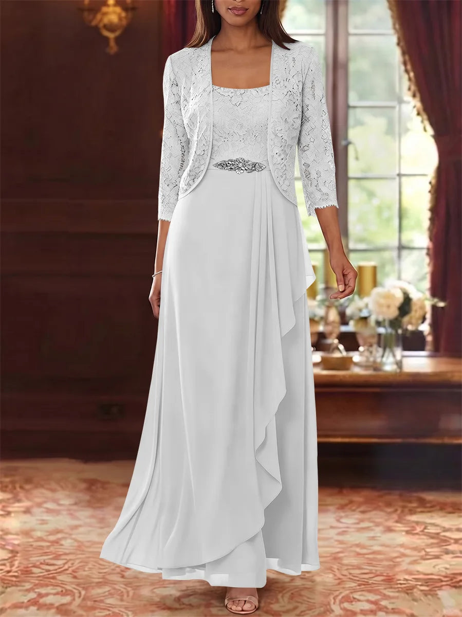 Ensemble 2 pièces mère de la mariée ligne A, mousseline col carré, veste dentelle, manches 3/4, longueur cheville