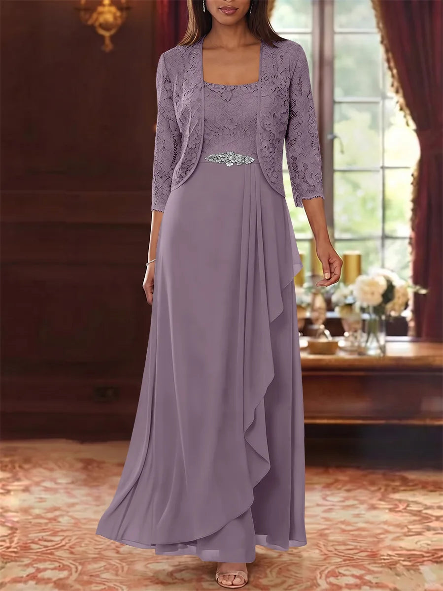 Ensemble 2 pièces mère de la mariée ligne A, mousseline col carré, veste dentelle, manches 3/4, longueur cheville