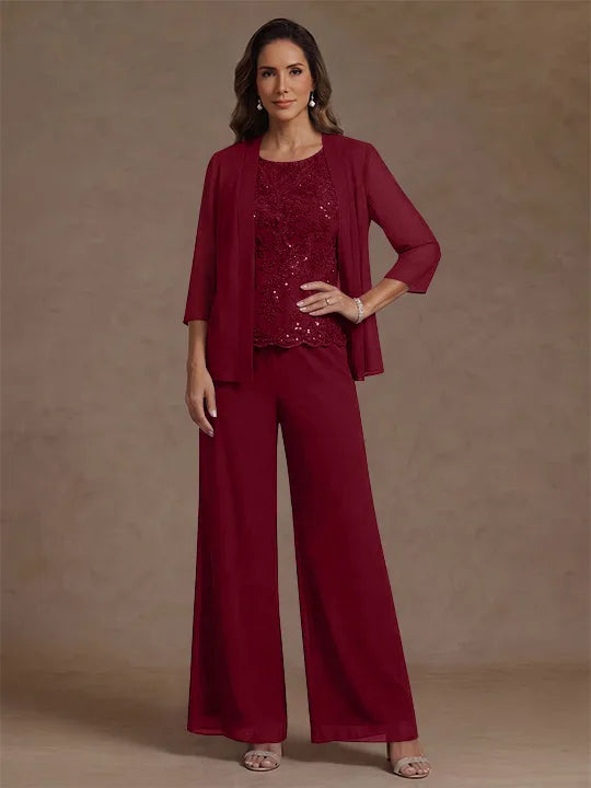 Ensemble pantalon 3 pièces mère de la mariée, mousseline col rond, veste, manches 3/4, dentelle sequins, longueur cheville