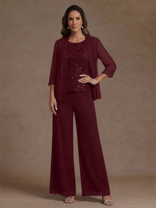 Ensemble pantalon 3 pièces mère de la mariée, mousseline col rond, veste, manches 3/4, dentelle sequins, longueur cheville