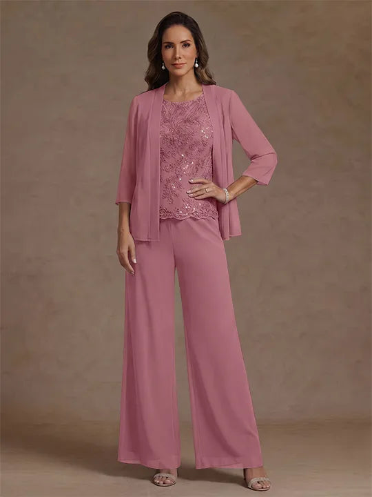 Ensemble pantalon 3 pièces mère de la mariée, mousseline col rond, veste, manches 3/4, dentelle sequins, longueur cheville