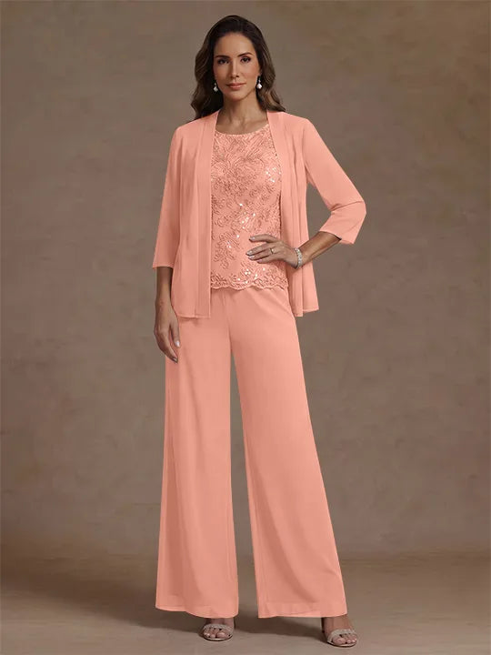 Ensemble pantalon 3 pièces mère de la mariée, mousseline col rond, veste, manches 3/4, dentelle sequins, longueur cheville