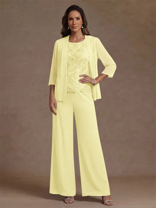 Ensemble pantalon 3 pièces mère de la mariée, mousseline col rond, veste, manches 3/4, dentelle sequins, longueur cheville